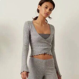 Out From Under Women's Lila Brushed Ribbed Wrap Lounge Gray Top Size Small
